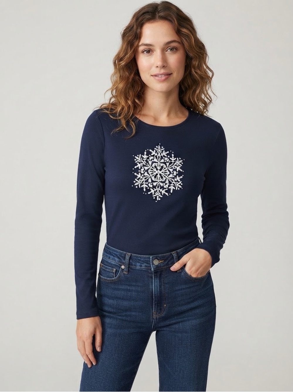 Falls Creek Black Long Sleeve Tee with White Snowflake